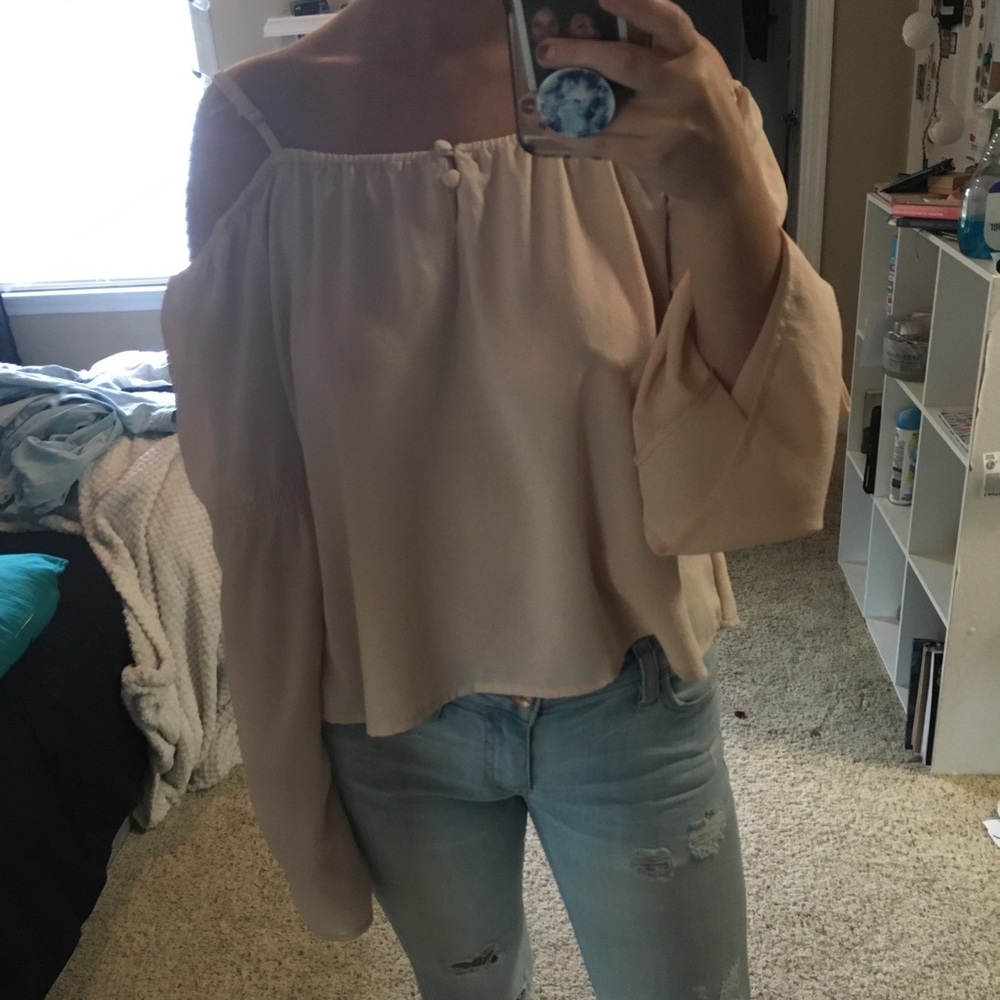 Peach off the shoulder seersucker top